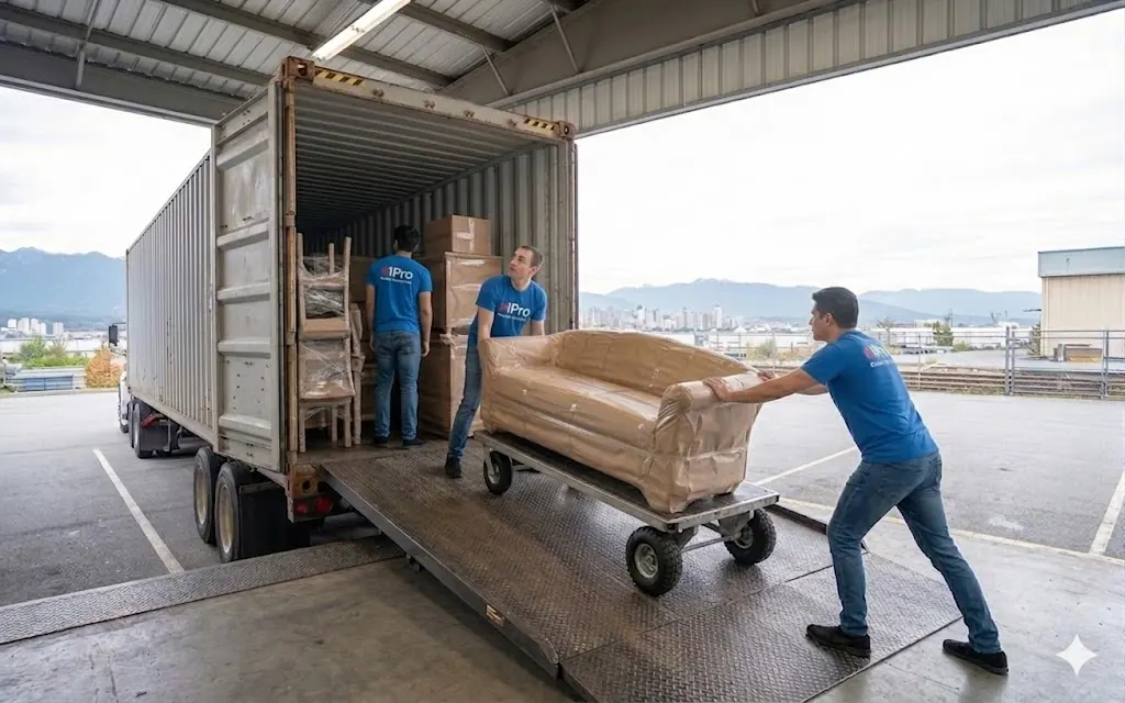 1Pro crew loading a shipping container by hand at a customer's home