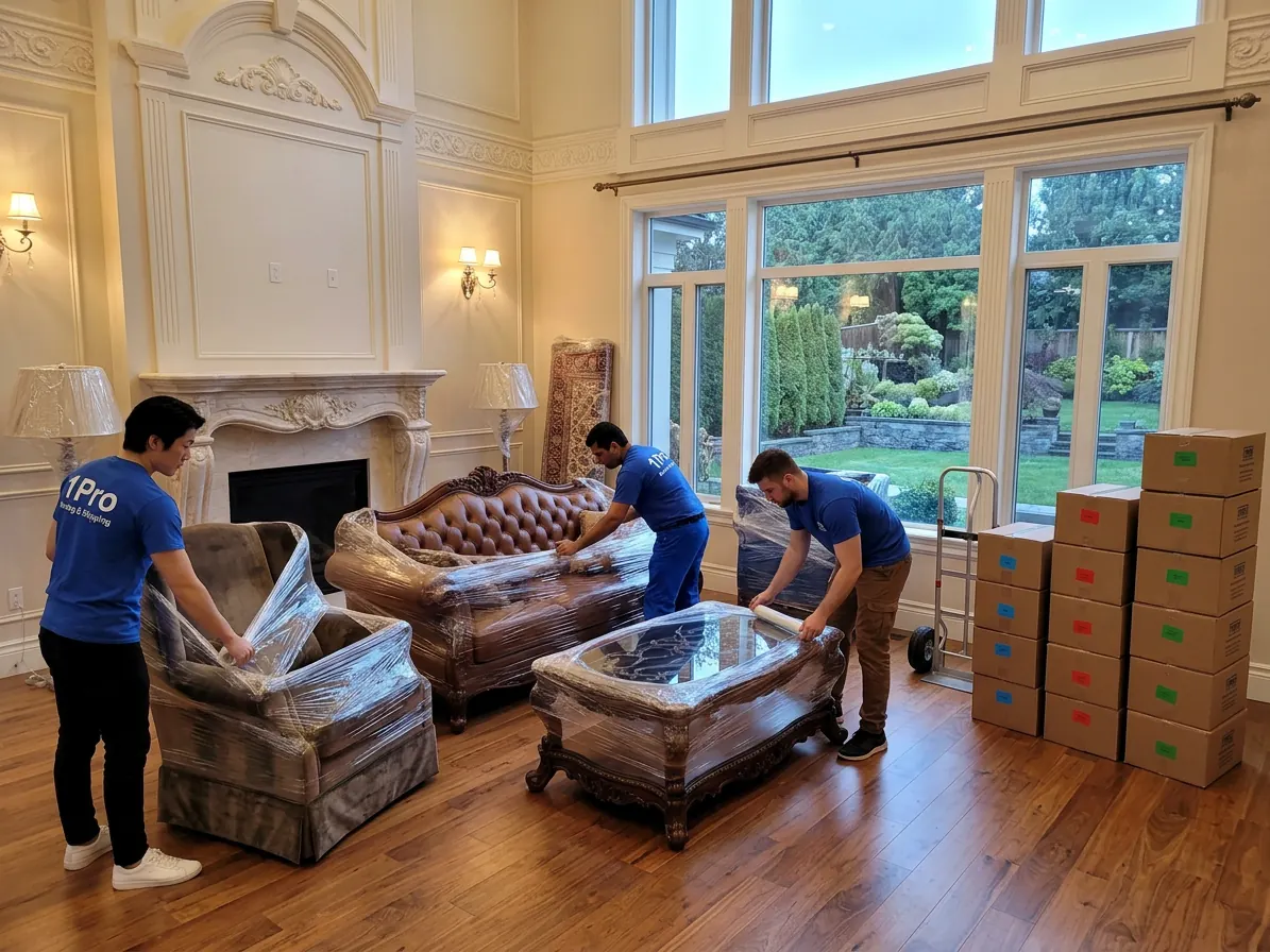 1Pro crew wrapping furniture in padded blankets